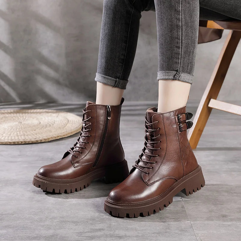 Women Round Toe Side Zipper Design Genuine Leather Ankle Boots 1316-3