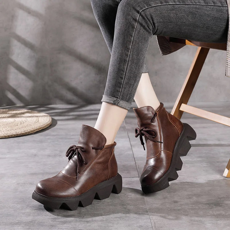 Women Round Toe Genuine Leather Lace Up Platform Boots 3672