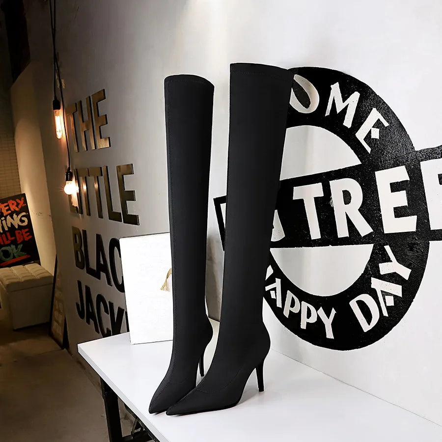 Women Pointed Toe Stretch Over Knee Boots 6513