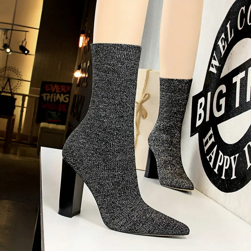 Women Pointed Toe Stretch Knitting Sock Boots 3129-2