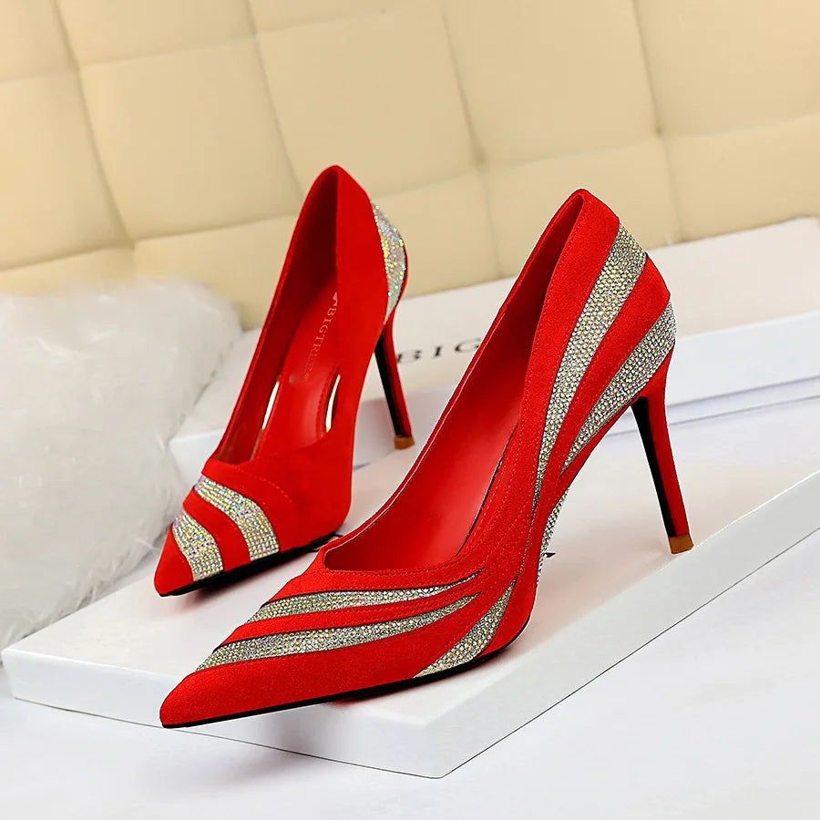 Women Black High Heels Shoes Flock Pointed Toe Pumps 3462