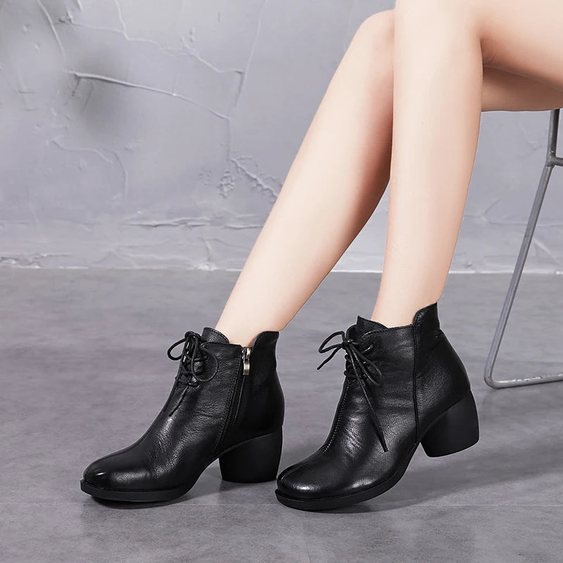 women Thick Heel Lace Up Genuine Leather Ankle Boots 3961