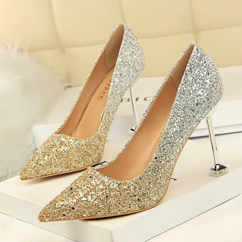 Women Sexy High Heels Shoes Sequined Cloth Gradient Pumps 2466-1