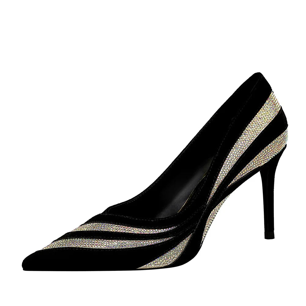 Women Black High Heels Shoes Flock Pointed Toe Pumps 3462