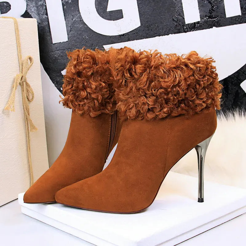 Women Pointed Toe Flock High Heel Ankle Boots 8663-6