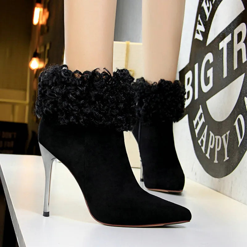 Women Pointed Toe Flock High Heel Ankle Boots 8663-6