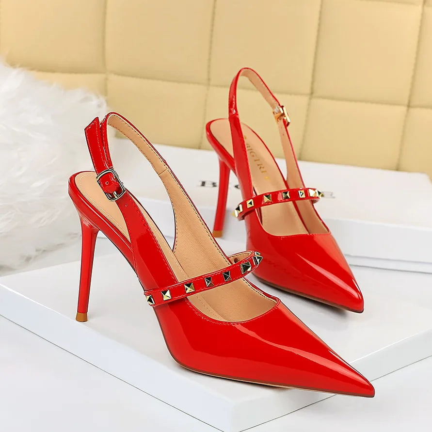 Women Hollow Back Trip Belt Design High Heel Shoes 3326