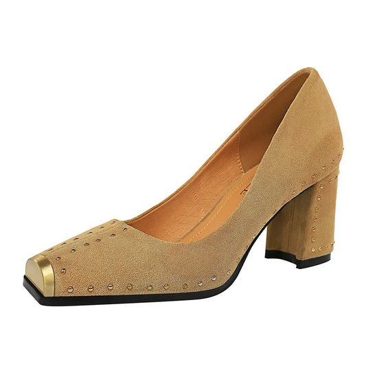 Women's High Heels Shoes Rivet Design Metal Square Toe Pumps