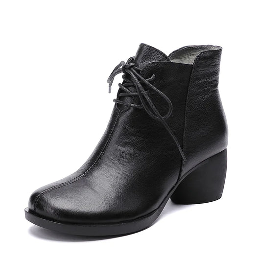 women Thick Heel Lace Up Genuine Leather Ankle Boots 3961