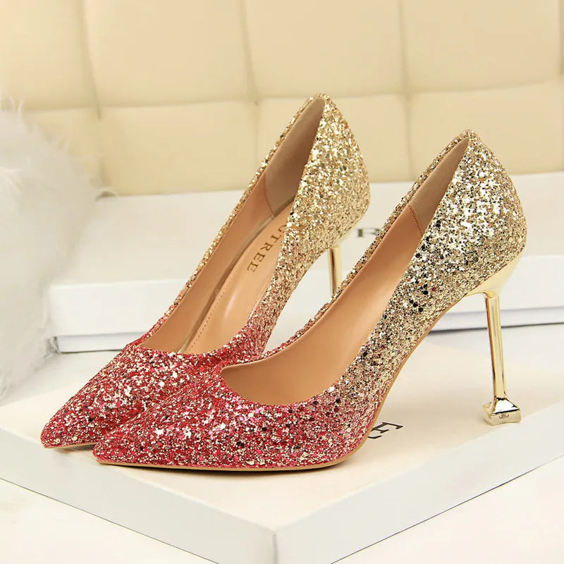 Women Sexy High Heels Shoes Sequined Cloth Gradient Pumps 2466-1