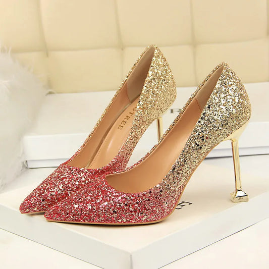 Women Sexy High Heels Shoes Sequined Cloth Gradient Pumps 2466-1