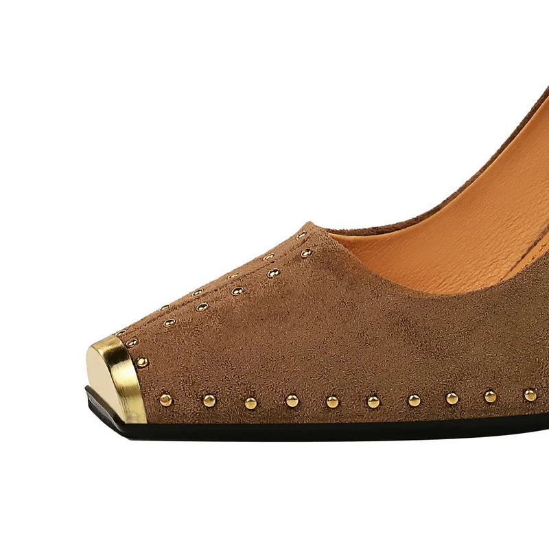 Women's High Heels Shoes Rivet Design Metal Square Toe Pumps 3672-2