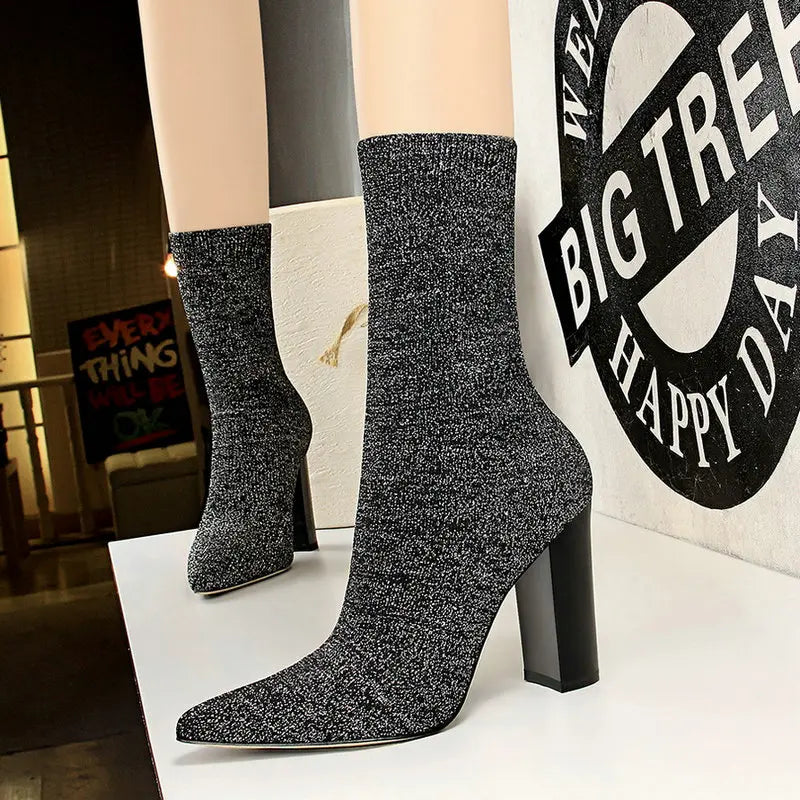 Women Pointed Toe Stretch Knitting Sock Boots 3129-2