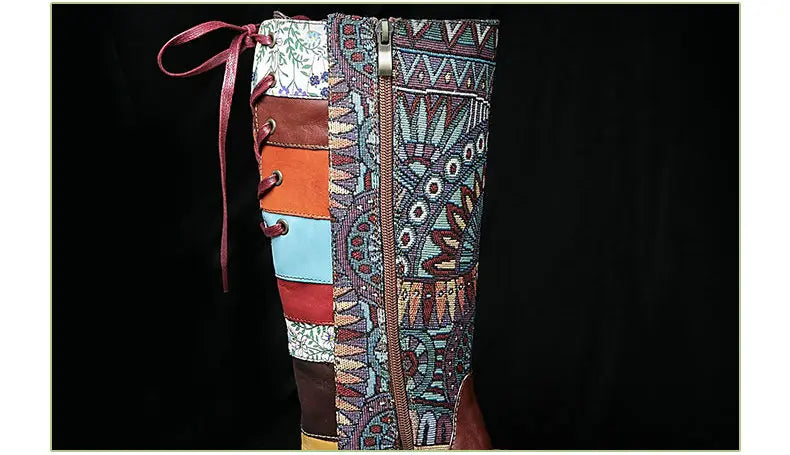 Women Embroidered Lace Up Genuine Leather Tall Boots