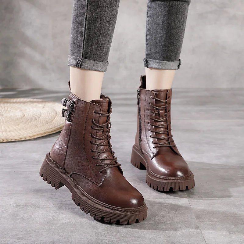 Women Round Toe Side Zipper Design Genuine Leather Ankle Boots 1316-3