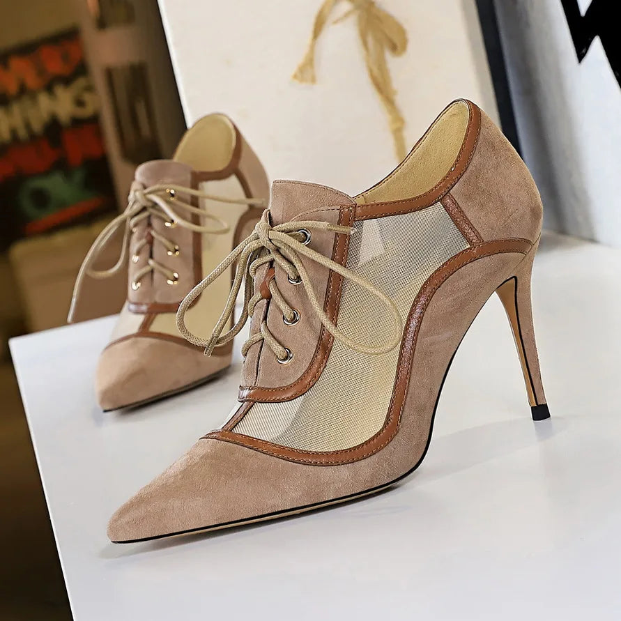 Women Mesh Hollow Lace Up Cross Strapping Pumps 3625