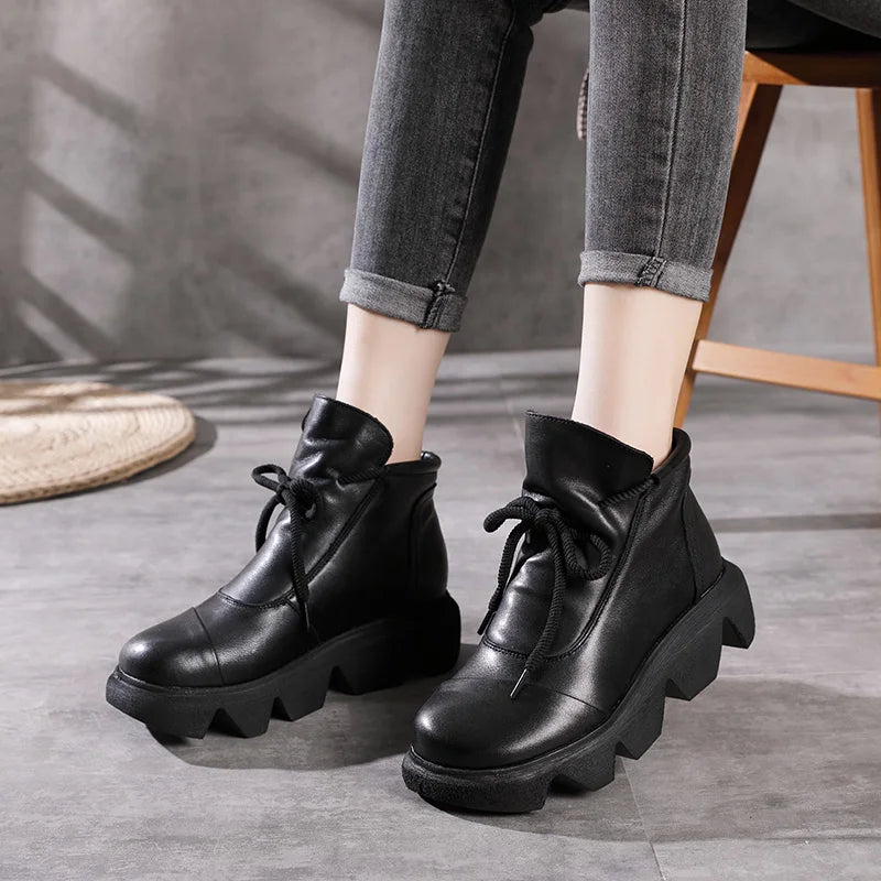 Women Round Toe Genuine Leather Lace Up Platform Boots 3672