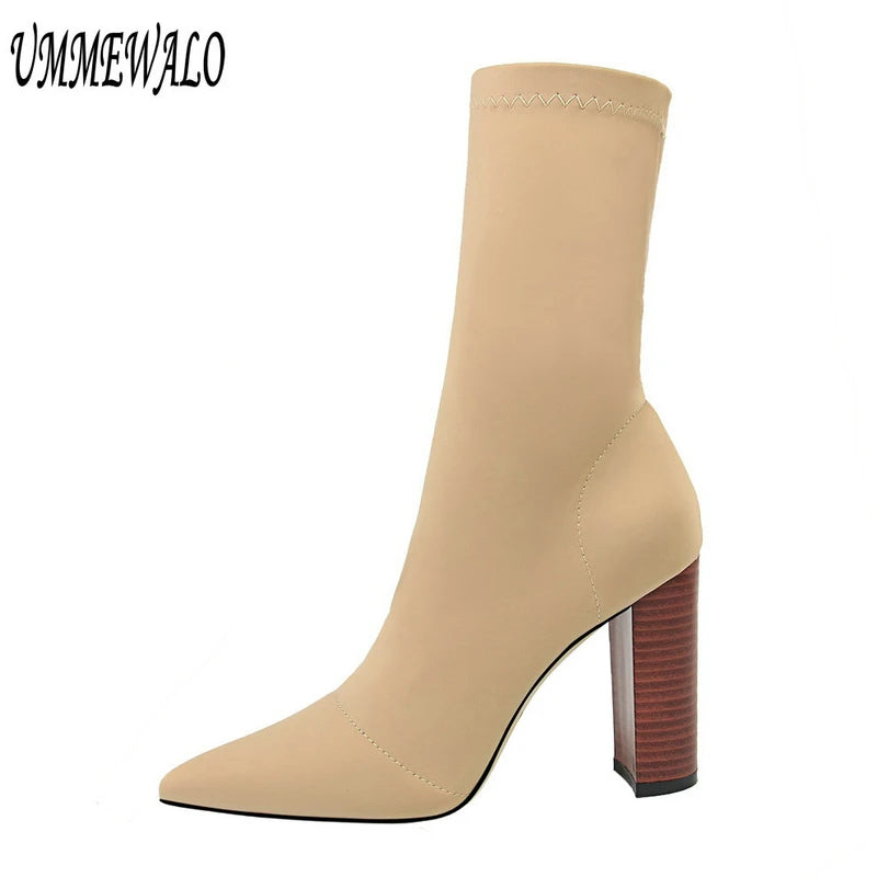 Women Pointed Toe Heel Shoes Winter Knitted Ankle Boots 3364