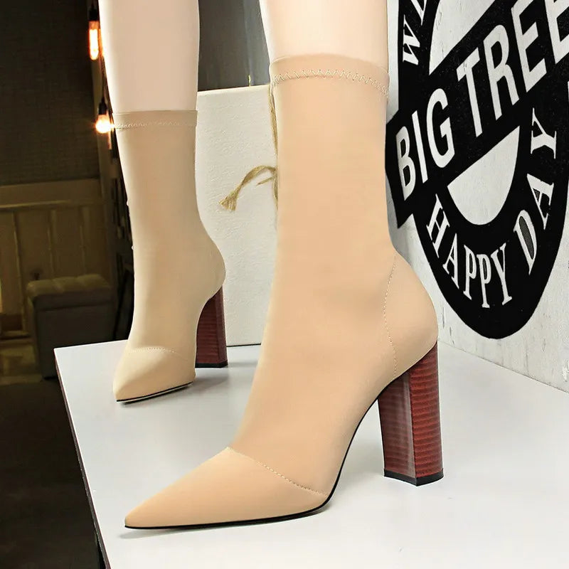 Women Pointed Toe Heel Shoes Winter Knitted Ankle Boots 3364