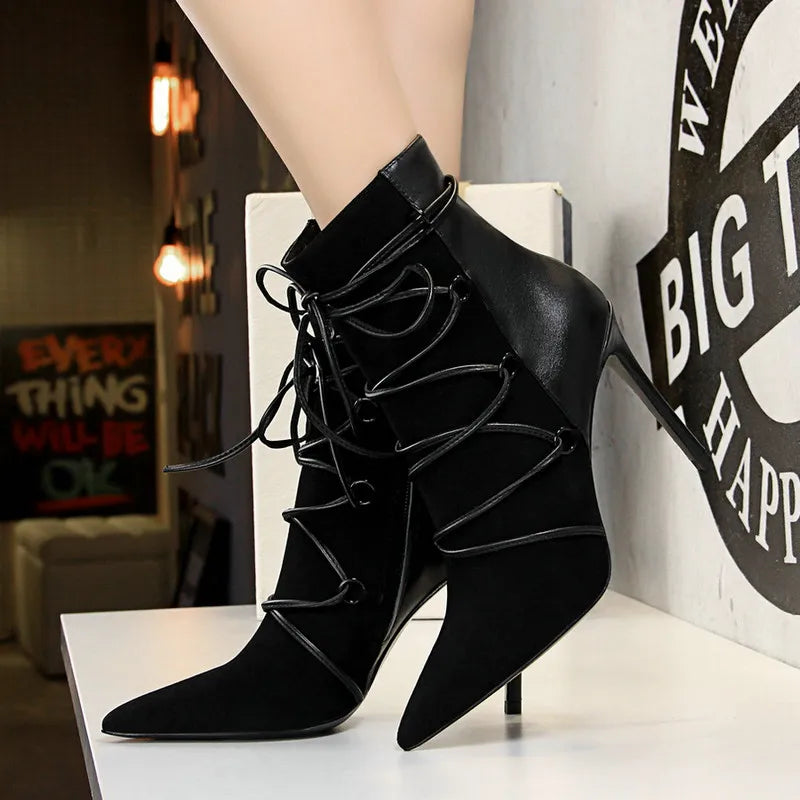 Women Pointed Toe Ankle Length Flock Boots 126-2