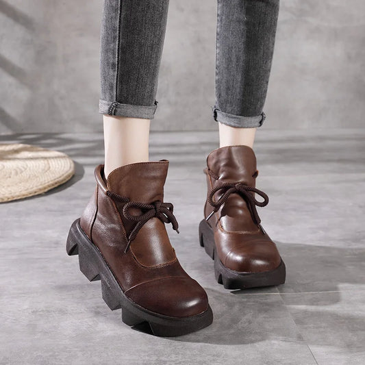 Women Round Toe Genuine Leather Lace Up Platform Boots 3672