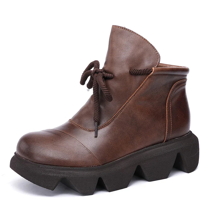 Women Round Toe Genuine Leather Lace Up Platform Boots 3672