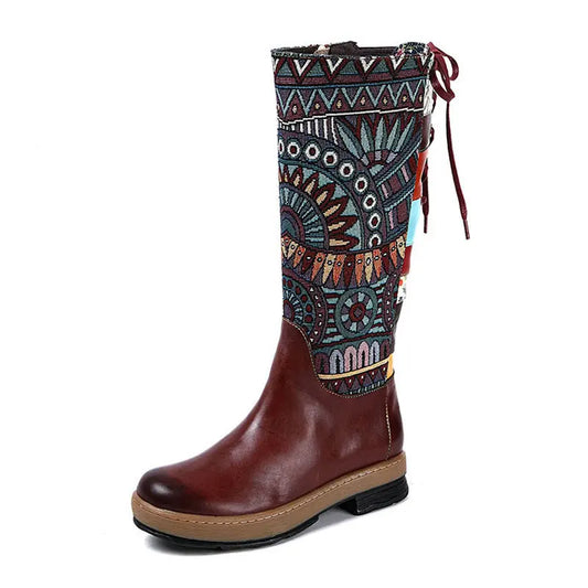 Women Embroidered Lace Up Genuine Leather Tall Boots