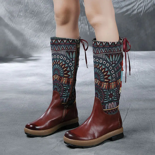 Women Embroidered Lace Up Genuine Leather Tall Boots