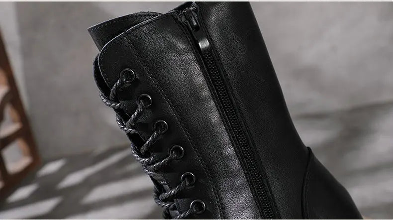 Women Lace Up Medium Top Genuine Leather Boots 3766