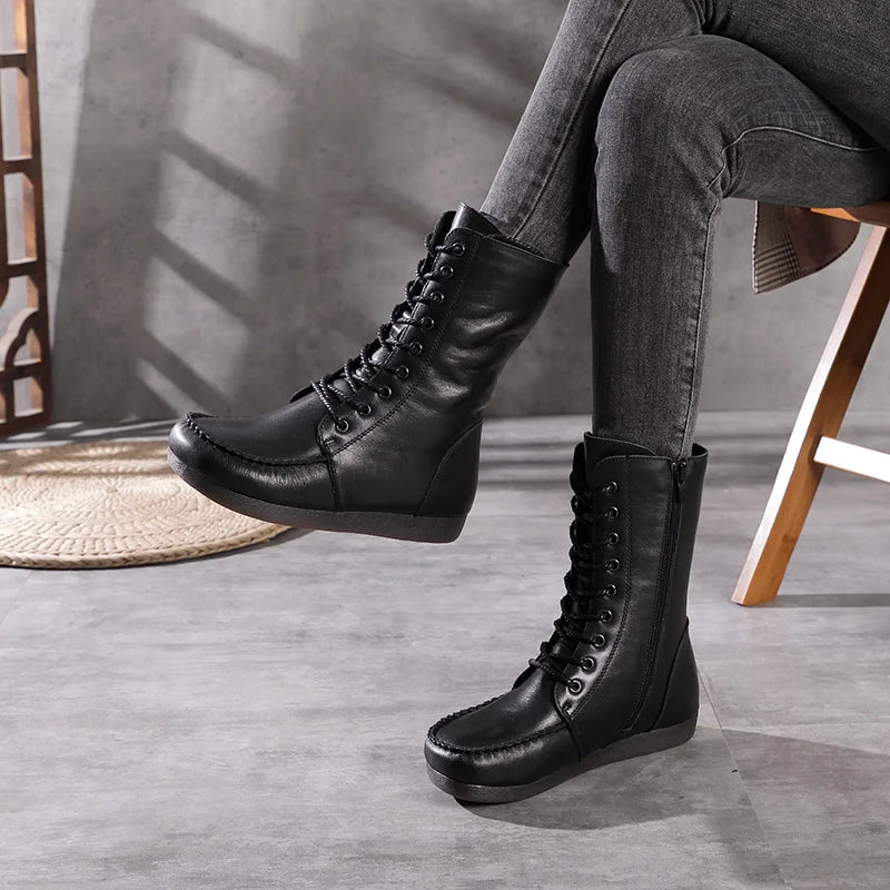 Women Lace Up Medium Top Genuine Leather Boots 3766
