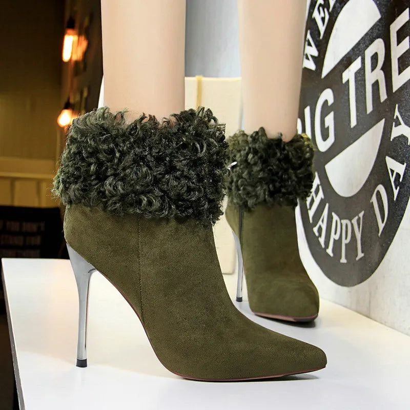 Women Pointed Toe Flock High Heel Ankle Boots 8663-6