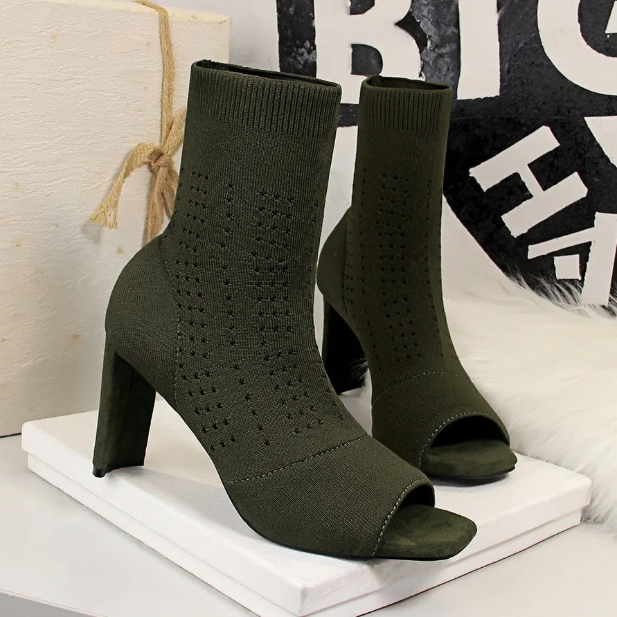 Open Toe Stretch Knit Sock Boots