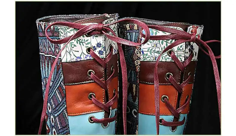 Women Embroidered Lace Up Genuine Leather Tall Boots