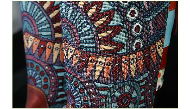 Women Embroidered Lace Up Genuine Leather Tall Boots