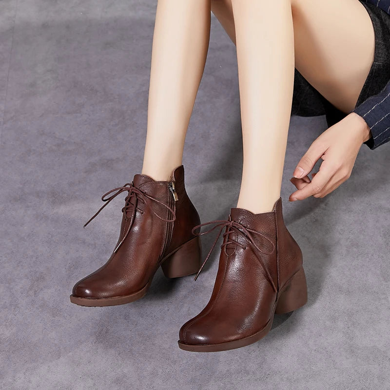 women Thick Heel Lace Up Genuine Leather Ankle Boots 3961