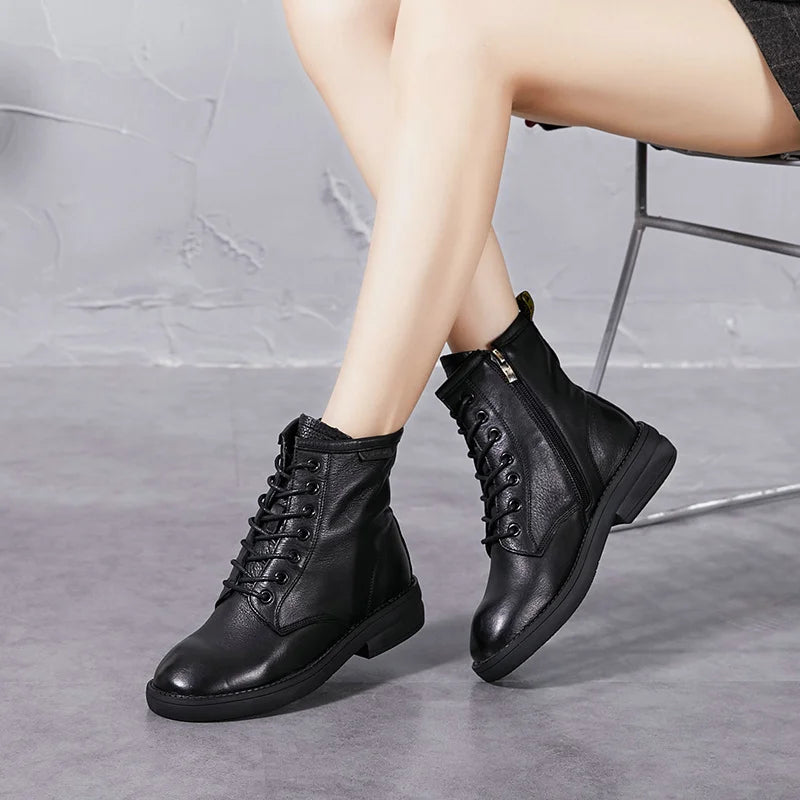 Women Round Toe Genuine Leather Ankle Boots 9623
