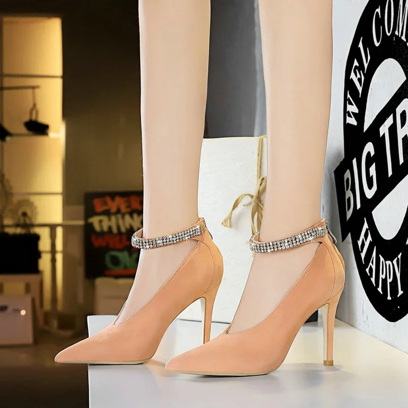 Women Ankle Strap Design Pointed Toe Pumps 3625-1