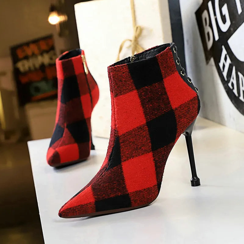 Women Flock Thin Heels Ankle Boots 7628-3