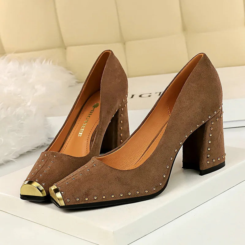 Women's High Heels Shoes Rivet Design Metal Square Toe Pumps