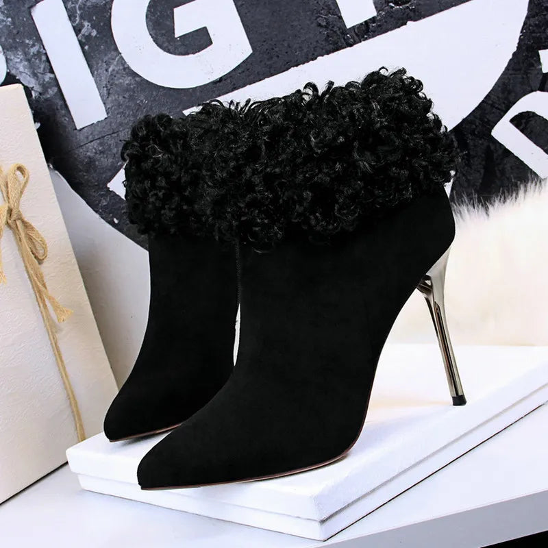 Women Pointed Toe Flock High Heel Ankle Boots 8663-6