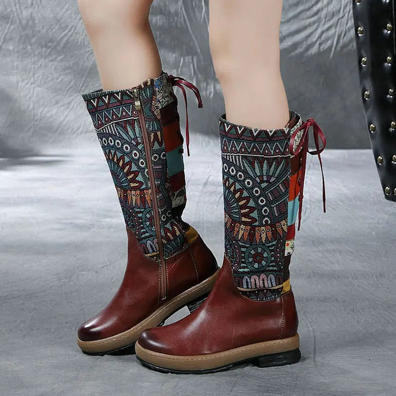 Women Embroidered Lace Up Genuine Leather Tall Boots