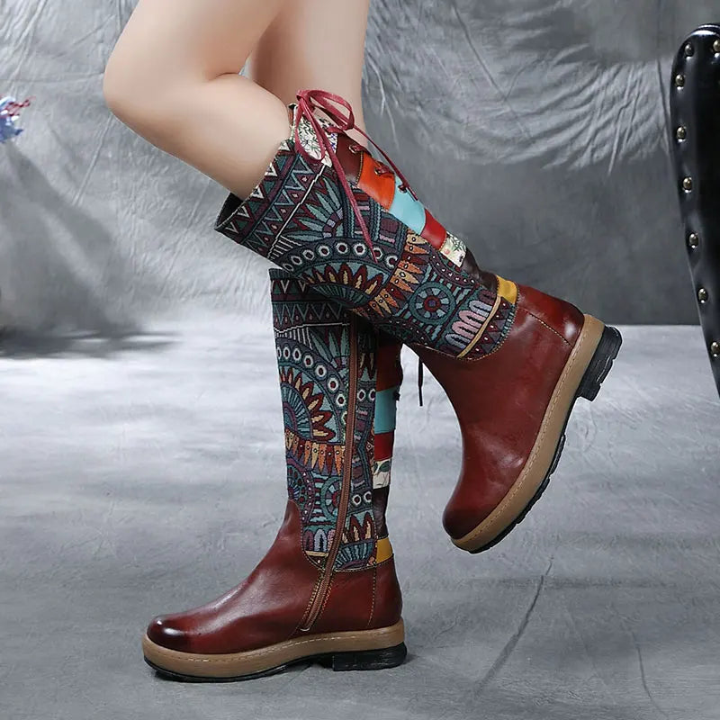 Women Embroidered Lace Up Genuine Leather Tall Boots