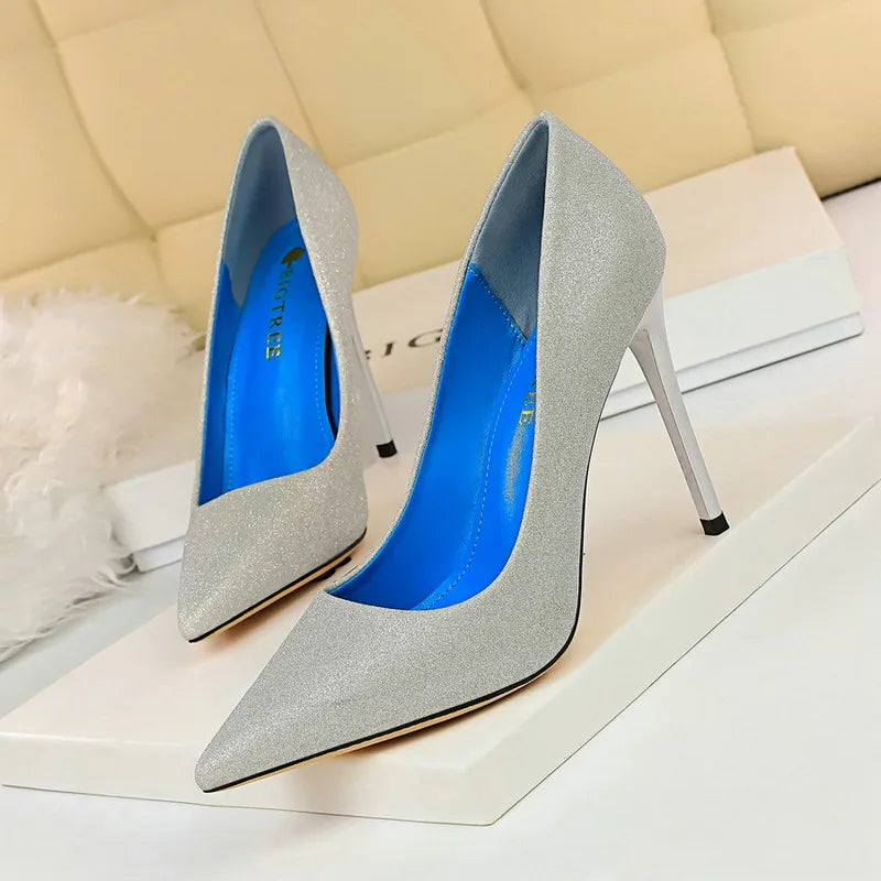 Women High Heel Sequined Cloth Pointed Toe Pumps 6755-1
