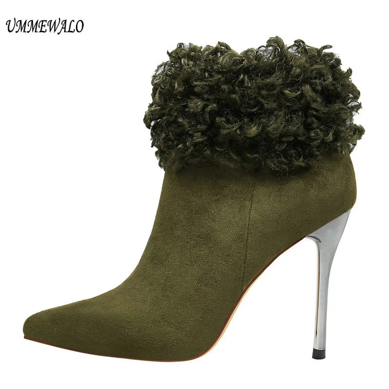 Women Pointed Toe Flock High Heel Ankle Boots 8663-6