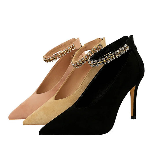 Women Ankle Strap Design Pointed Toe Pumps 3625-1