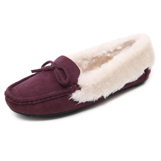 Women Warm Flock Short Plush Cotton Bow Loafers B912