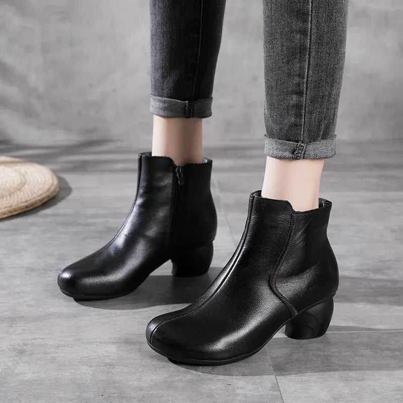 Women Round Heel Side Zipper Design Genuine Leather Ankle Boots 3769