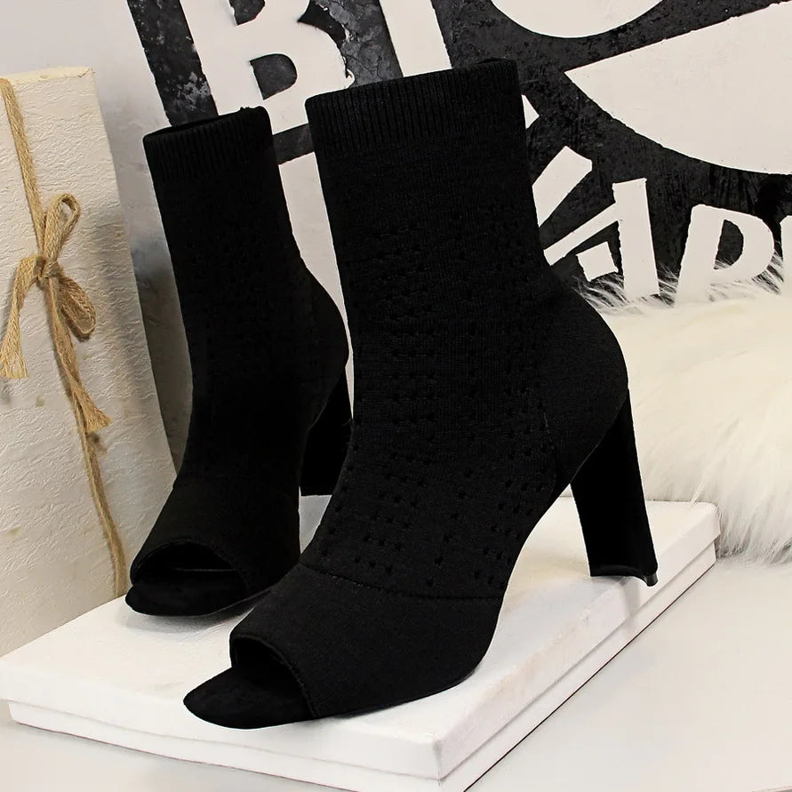 Open Toe Stretch Knit Sock Boots