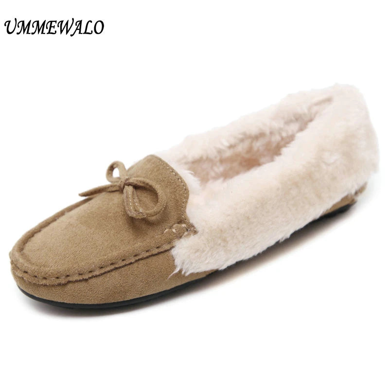 Women Warm Flock Short Plush Cotton Bow Loafers B912