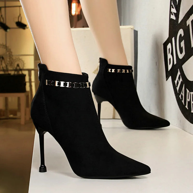 Women Ankle Length Flock Boots Pointed Toe Heel Boots 3622